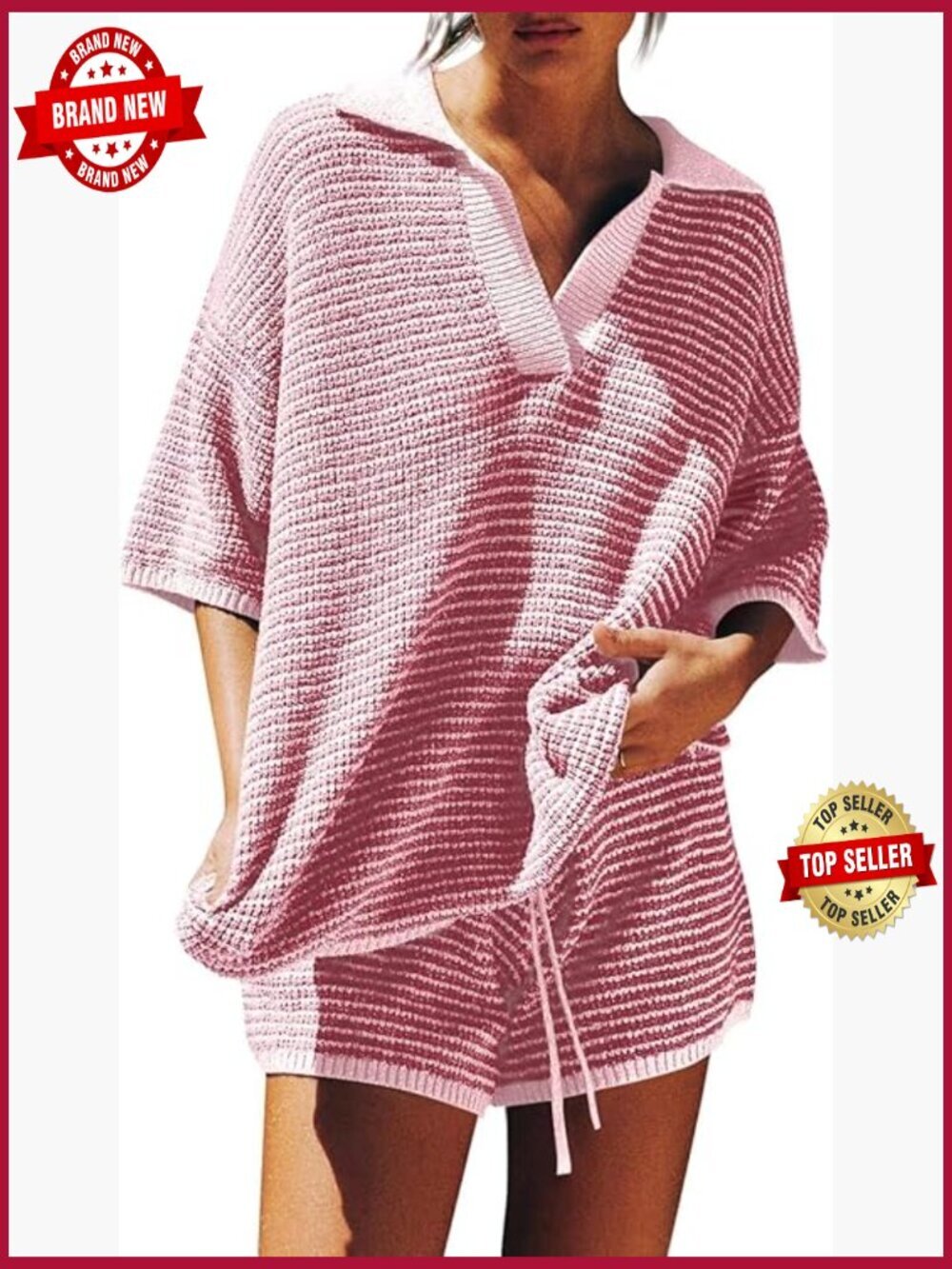 Oversized 2 Piece Knit Lounge Set with V Neck and Shorts